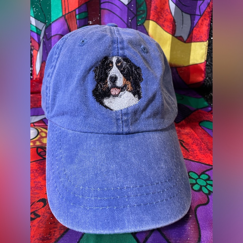 Adam Blue Baseball Cap with Embroidered Bernese Mountain Dog